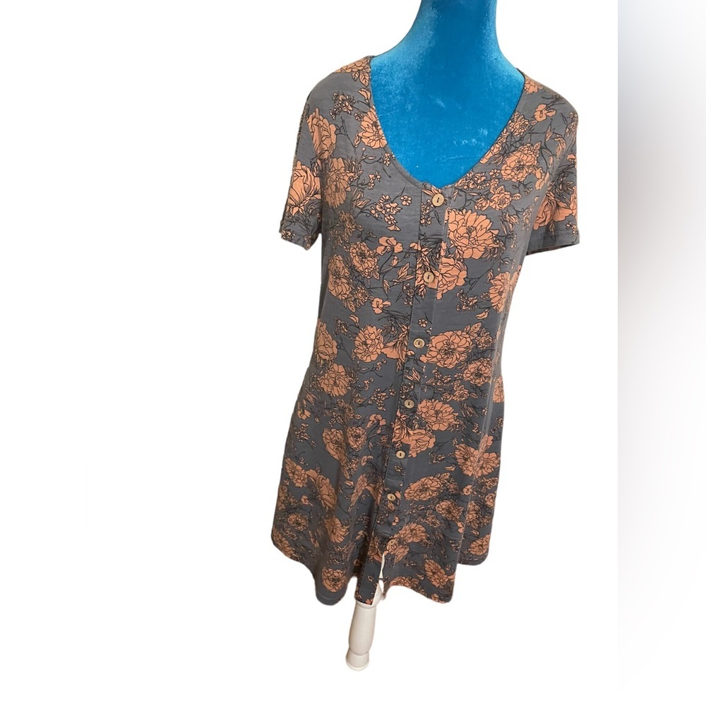short sleeve button down gray dusty rose floral cottagecore dress - Picture 4 of 12